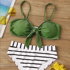 Knot Front Top With Striped High Waist Bikini Set